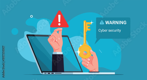 Laptop computer with a hand holding a warning sign and another hand presenting a golden key for cyber security.