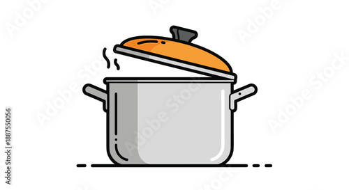 Silver metal cooking pot with an orange lid slightly open and hot steam rising from the inside on a dark surface.