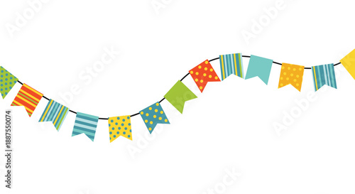 String of colorful decorative bunting flags with various patterns like stripes and dots for a party celebration.