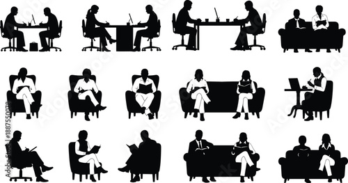 Collection of black silhouettes representing people engaged in various activities such as meetings, reading, and working on laptops in indoor settings like offices and living rooms