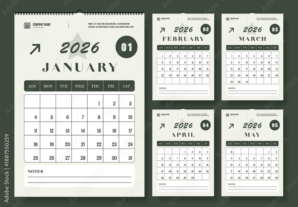 2026 Monthly Wall Calendar Design Template Stock Template | Adobe Stock