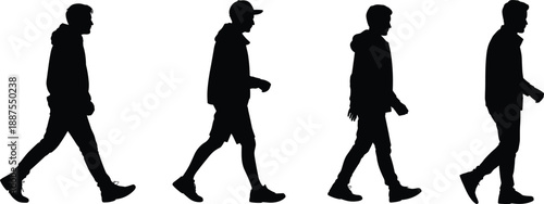 Collection of four male silhouettes in profile walking with a sense of purpose against a clean white backdrop showcasing different casual outfits