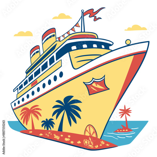 Illustrated cruise ship at sea