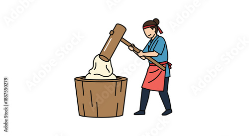 Person wearing traditional Japanese clothes pounding mochi rice in a large wooden mortar with a heavy mallet.