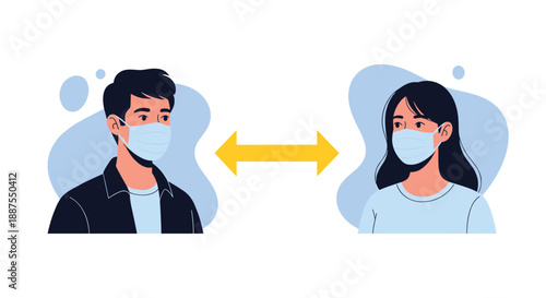 Adult man and woman wearing masks separated by a yellow double-headed arrow for social distancing concept.
