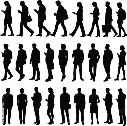 Comprehensive set of business silhouettes in diverse poses, many interacting with mobile phones on white