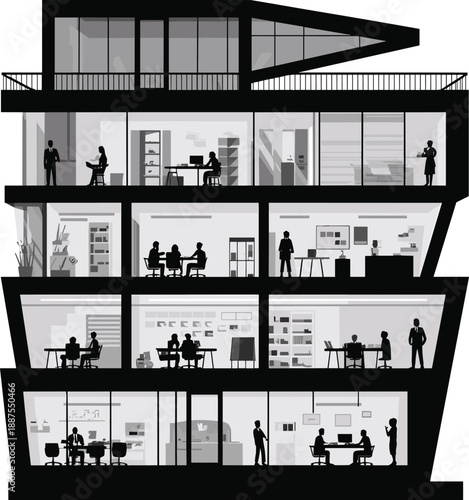 Contemporary office building cross-section silhouette illustrating diverse work environments and interactions across multiple levels