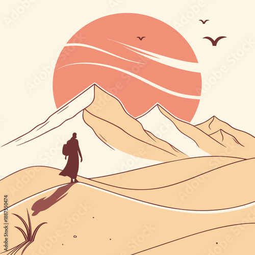 Desert journey at sunset