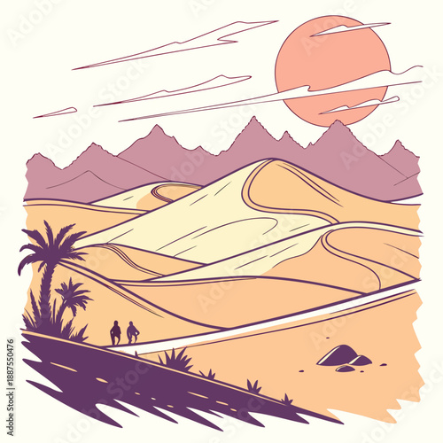 Desert landscape with sunset