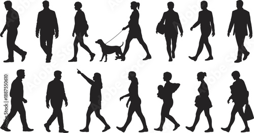 Diverse collection of black silhouette figures walking and standing against a white background people
