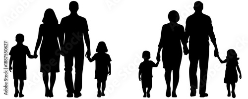 silhouette of Family with two children wearing white summer clothes walking hand