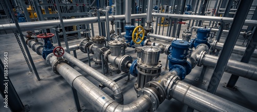 Industrial steam trap station with condensate lines and valves. Detailed view of metallic piping system in a factory or power plant. Mechanical engineering and infrastructure concept