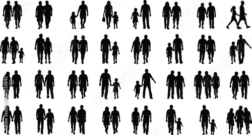 Diverse collection of black silhouette figures walking together in groups and pairs representing families and couples in various poses