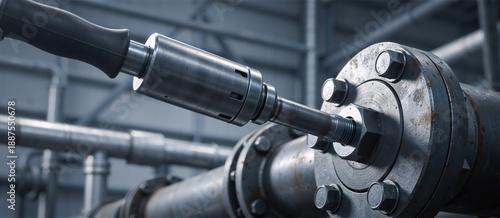 Close-up of a torque wrench tightening a bolt on an industrial pipe flange. Mechanical tool for maintenance and assembly in heavy industry