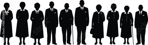 Group of silhouettes representing elderly men and women in formal attire standing together for senior lifestyle, retirement, and aging concepts
