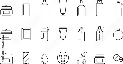 Cosmetic container line icon set showing skincare bottles, jars, pump and spray bottles, squeeze tubes, droppers, face mask, liquid drops, pills, and beauty packaging symbols in clean outline style