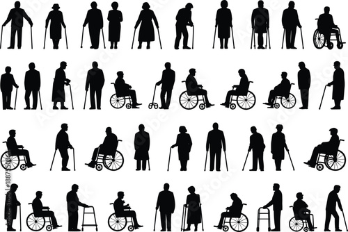 Set of silhouettes representing elderly people and disabled individuals using wheelchairs, walkers, and canes for mobility and medical healthcare concepts.