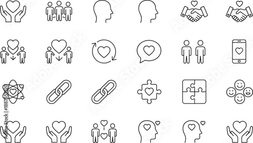 Heart and love line icon set with care, relationships, couples, community support, handshake, mobile hearts, chat bubbles, puzzle connections, profile hearts, and people interaction symbols