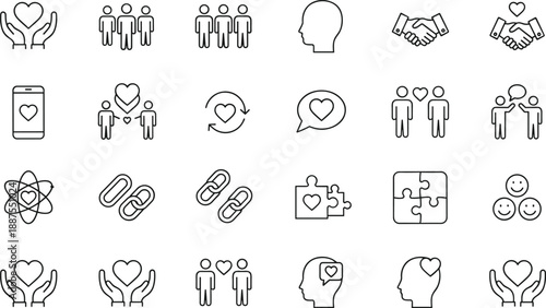 Heart and love line icon set with care, relationships, couples, teamwork, community support, mobile hearts, chat bubbles, puzzle connection, handshake, and people interaction symbols 