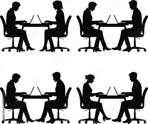 Diverse silhouettes of men and women collaborating at desks with laptops in a modern office setting