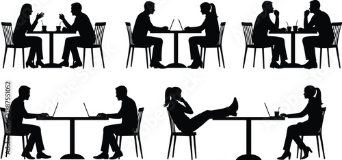 Diverse silhouettes of people interacting and working at tables with laptops and drinks in a cafe or office setting