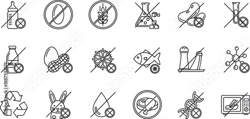 No and prohibited line icon set with crossed out food, allergy, chemical, laboratory, medicine, animal testing, recycle, and restriction symbols in clean outline style
