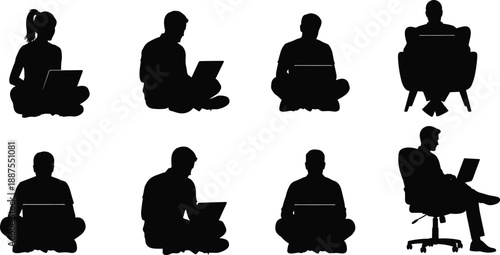 Diverse silhouettes of people using laptops in various seated positions and settings showcasing modern work and leisure activities