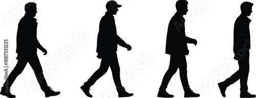 Four distinct male silhouettes in profile walking forward against a white background illustrating different casual clothing styles and footwear choices