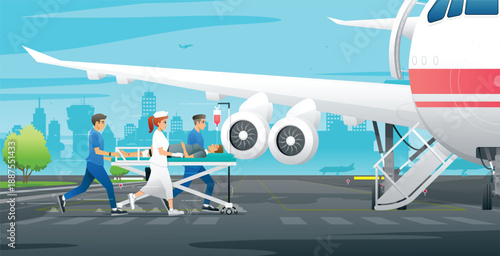 Nurses and rescue teams are transporting patients onto an emergency medical aircraft.