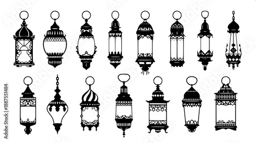 Moroccan lantern clipart set, black silhouette, Islamic architecture inspired patterns, flat 2D vector, high detail cutwork
