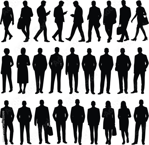 Large collection of business people silhouettes in various poses and suits on a white background women