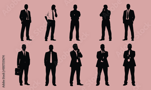 Set of male business silhouettes in thoughtful and formal poses against a soft pink background businessman