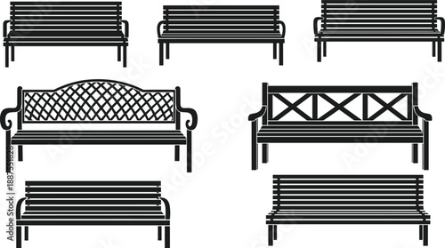 Park bench silhouettes collection isolated on white background, outdoor garden and urban seating furniture designs for public parks landscape architecture illustration vector icons
