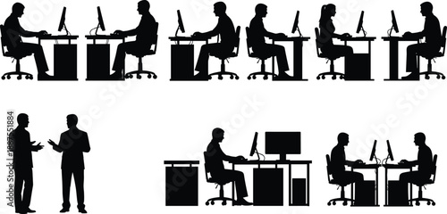 Silhouettes of office workers interacting with computers and each other in a business setting illustrating teamwork and individual tasks
