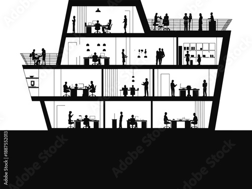Stylized silhouette of a multi-level office building with open balconies and interior views of working professionals and meeting spaces