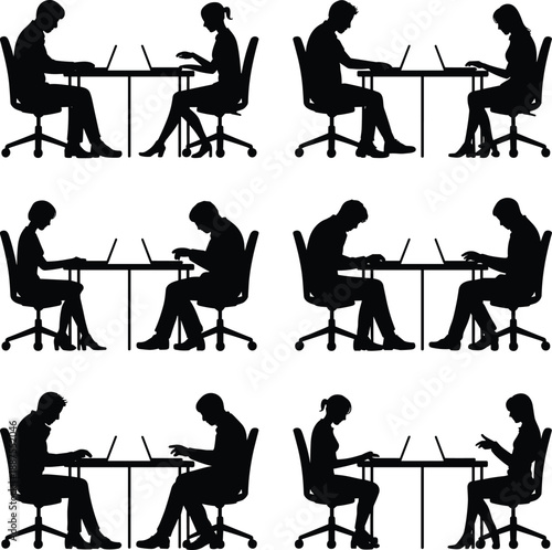 Twelve black silhouettes of individuals working on laptops at desks, presented in a four-by-three grid formation
