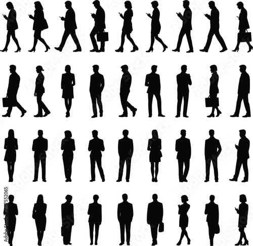 Vast compilation of business silhouettes in numerous poses, many actively using smartphones on white background