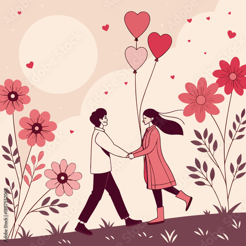 A romantic pink wedding invitation card with flowers and a loving cartoon couple celebrating their special day