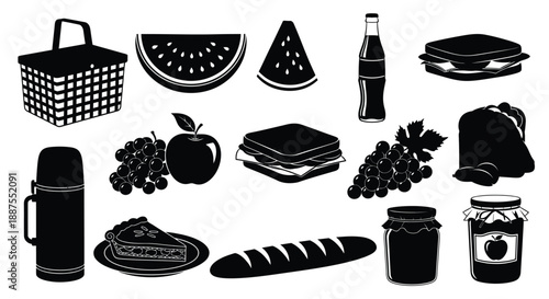 Picnic essentials collection with food and drinks