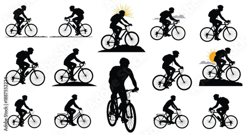 Cyclist riding bike in various poses and terrains