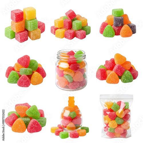 An assortment of vibrant sugar-coated gummy candies in various shapes and arrangements, isolated on transparent background.