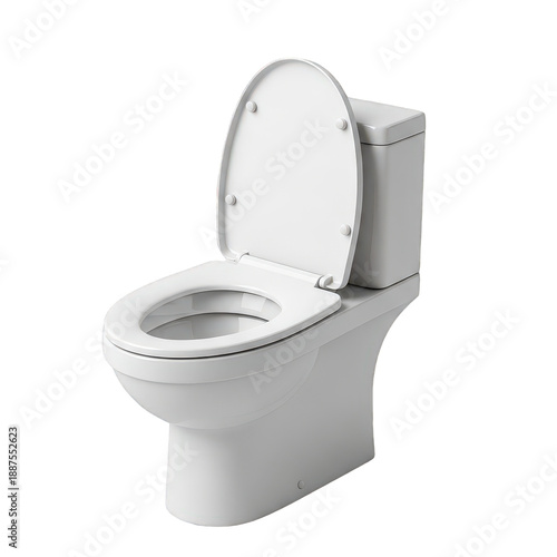 Modern white ceramic toilet with seat and lid open, a pristine bathroom fixture isolated on transparent background.