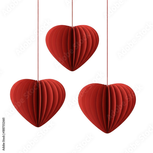 Three red paper hearts hanging, transparent background