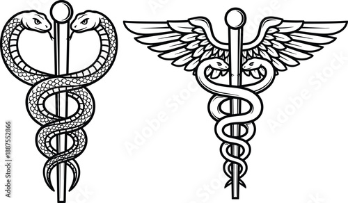 Black and white line art vector illustration of the caduceus and staff of hermes symbols featuring snakes and wings for medical healthcare and pharmacy design