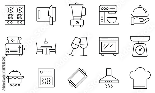 Kitchen essentials icons vector set. Outline icon of kitchenware or cooking instrument and tools. Vector illustration. 