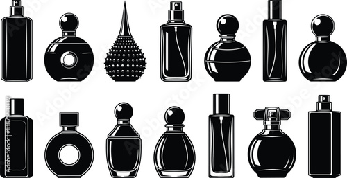 Black vector silhouette and line art set of thirteen diverse luxury perfume glass bottles for fragrance beauty cosmetic product packaging and fashion branding design