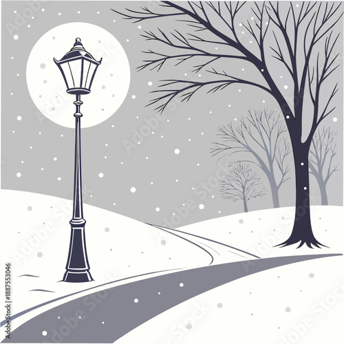 Snowy winter night with lamp post