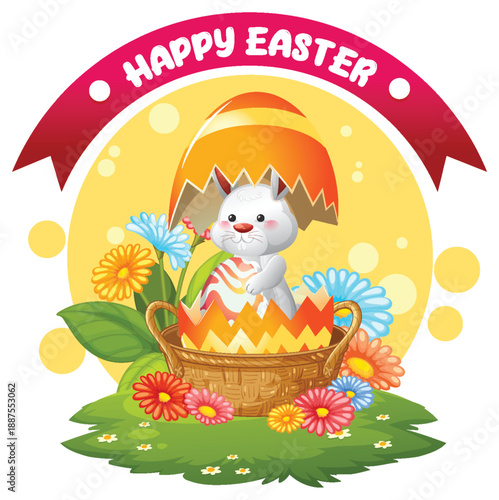 Cute Easter Bunny Popping Out of a Decorated Egg in Basket