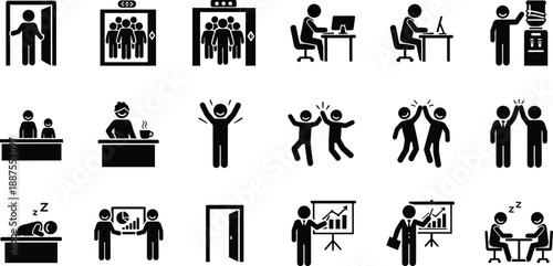 Black vector silhouette icon set of office workers in various situations including meetings presentations elevator rides desk work and coffee breaks for corporate business design
