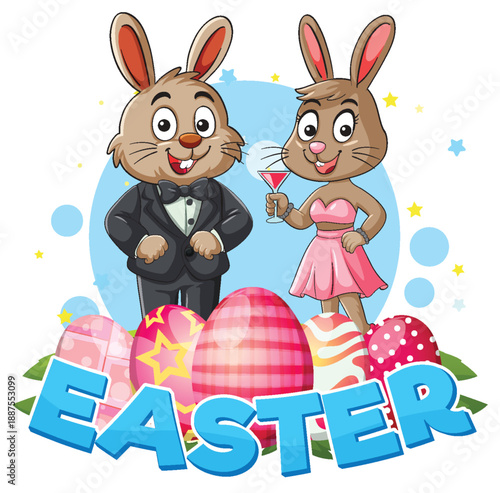 Cartoon Easter Bunnies in Formal Wear with Decorated Eggs and Text